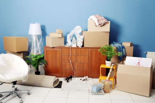 Organized storage unit with clear walkways and safety awareness